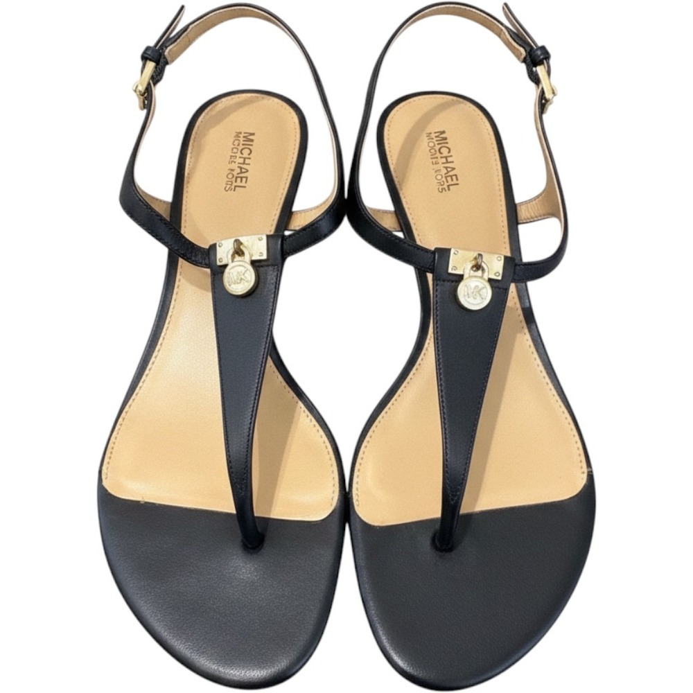 Michael Kors Mallory Leather T-Strap Sandal.Key Black‎ Gold size 8.5M